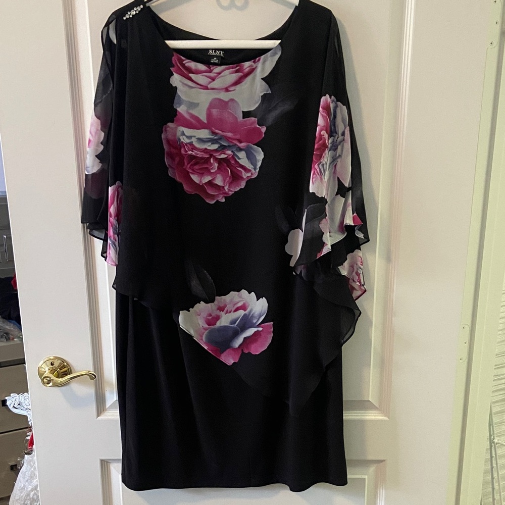 SLNY woman’s  Evenings Black Dress with Pink and Purple Floral Design